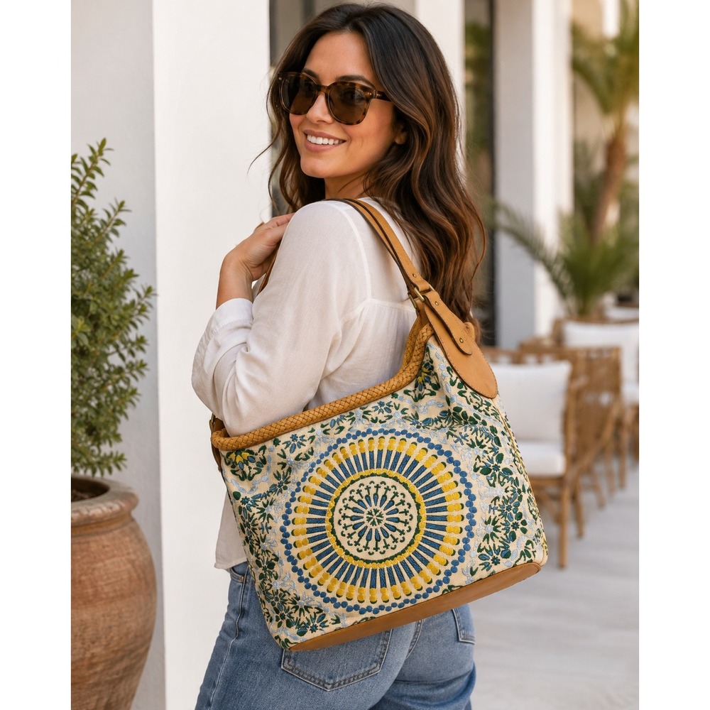 Cole Haan Embroidered Canvas Hobo Bag Tan Leather Trim Blue Green Floral Boho